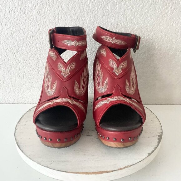 Lane Boots LEXINGTON Womens Red Wedges 10 Western Sandals Cowgirl Wooden Heels - Picture 5 of 10
